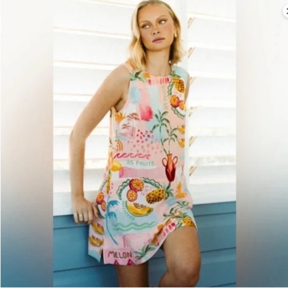 Anthropologie Paper Heart Des Fruit Sleeveless Linen Blend Mini Dress Size L NEW